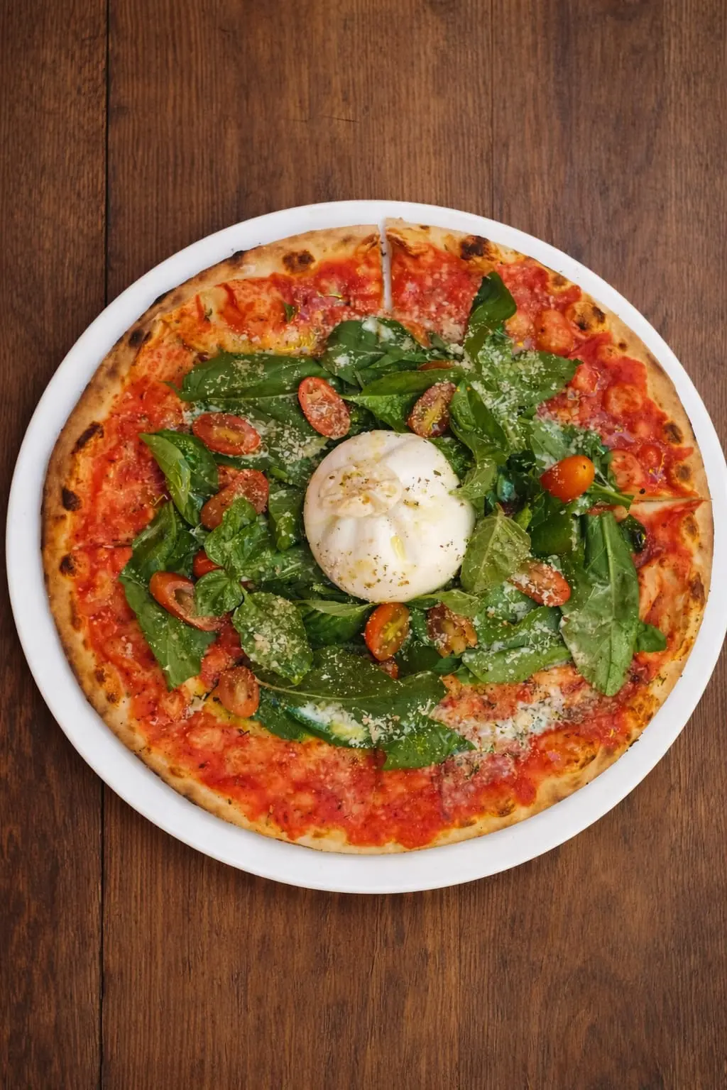 Burrata pizza with basil and cherry tomatoes